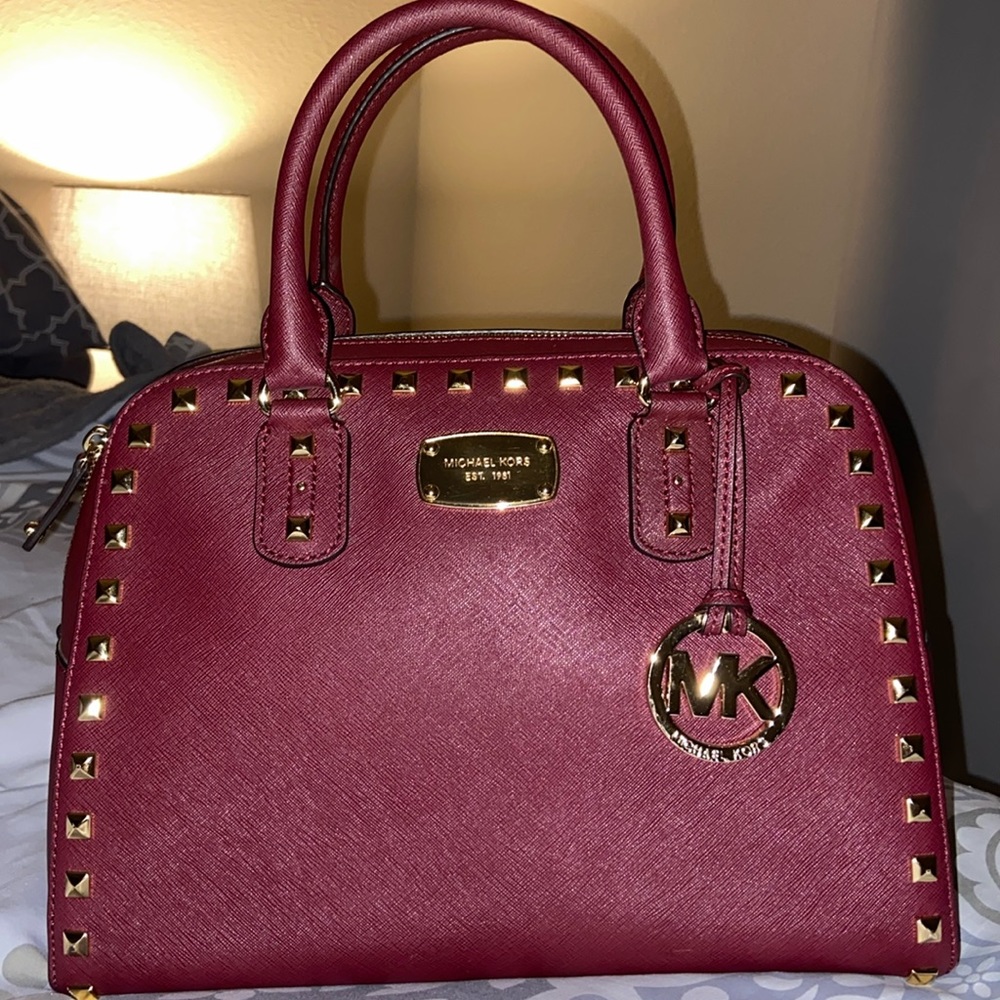 Burgundy MICHAEL KORS Sandrine  Studded Satchel Shoulder Bag/Purse